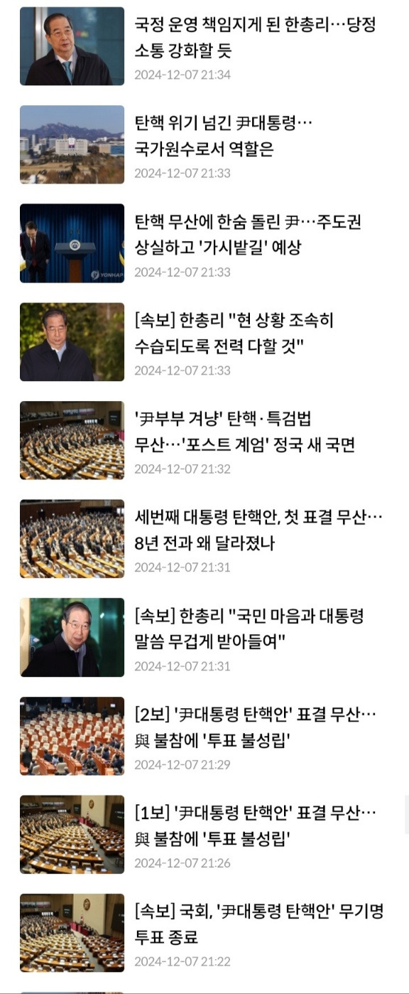 ▲지난 7일 윤석열 대통령 탄핵소추안 부결을 앞뒤로 한 연합뉴스 기사 갈무리