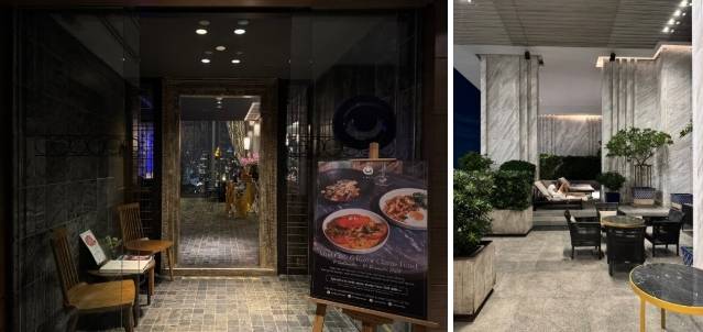 니미티르 레스토랑(왼쪽)과 같은 층에 위치한 수영장 선베드 공간 / 사진=홍지연 여행+ 기자