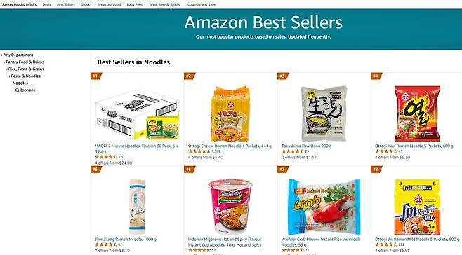 아마존 호주, 라면 베스트셀러 화면 갈무리