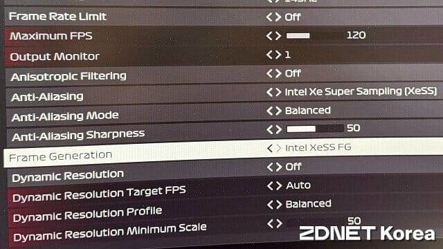 F1 24 그래픽 설정에서 XeSS와 FG(프레임 생성) 기능을 활성화할 수 있다. (사진=지디넷코리아)