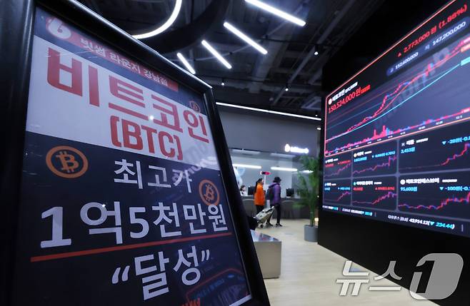 비트코인 가격이 '신고가 랠리'를 이어가고 있는 16일 오후 서울 서초구 빗썸라운지 시황판. 2024.12.16/뉴스1 ⓒ News1 황기선 기자
