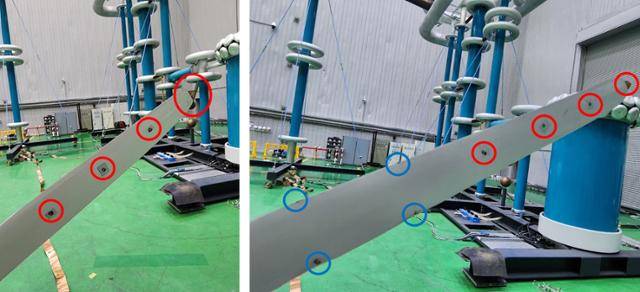 기존 풍력블레이드 수뢰부(왼쪽)와 정극성 낙뢰 피해를 막기 위해 가장자리 위치(파란색)에 KERI가 새롭게 설계한 수뢰부(오른쪽). KERI 제공