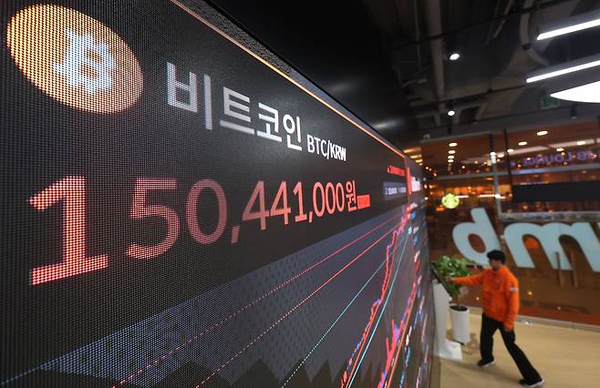 비트코인이 다시 사상 최고치를 경신한 지난 16일 서울 서초구 빗썸 라운지 강남점 전광판에 비트코인 시세가 표시되고 있다. 이날 비트코인은 한때 10만6000달러(약 1억5200만 원)까지 돌파하며 사상 최고치를 경신했다. /뉴시스