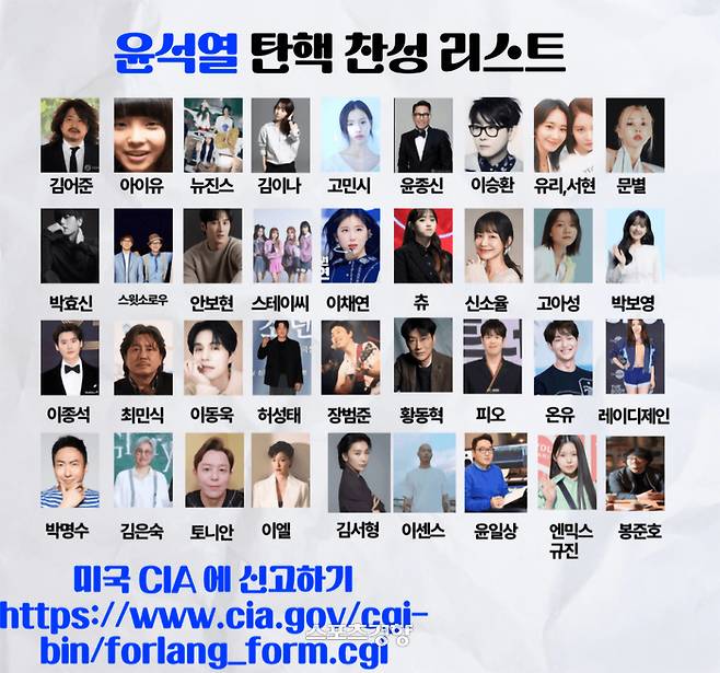 윤석열 대통령 탄핵 찬성 연예인 리스트와 CIA 신고 독려 포스터. 온라인 커뮤니티 캡처