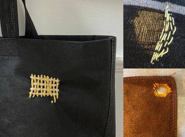 '죽음의 바느질 클럽'에서 수선·자수 워크숍을 들은 김나현씨는 "예전 같으면 구멍 난 옷이나 양말은 바로 버렸겠지만 이제는 멋스러운 바느질로 수선해서 다시 입고, 신고 있다"며 "바느질은 집중해야 하기 때문에 마치 수련 같아서 마음 단련에도 큰 도움이 된다"고 말했어요. 나현씨가 직접 수선한 가방, 양말, 주방 핸드타월입니다. 김나현씨 제공