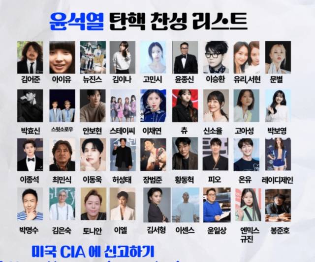 온라인 커뮤니티에서 확산 중인 '윤석열 대통령 탄핵 찬성 연예인' 리스트. 온라인 커뮤니티 캡처