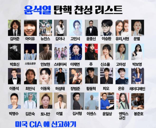 일부 누리꾼이 탄핵 지지 연예인 명단을 만들어 배포하고 이들을 CIA(미국 중앙정보국)에 신고하면서 논란이 일고 있다. /사진=온라인 커뮤니티 캡처