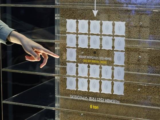 지난 10월 서울 강남구 코엑스에서 열린 ‘제26회 반도체대전(SEDEX)’에 전시된 SK하이닉스의 '5세대 고대역폭메모리(HBM3E)'. 뉴스1