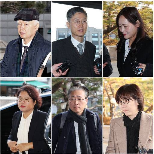 헌법재판관들이 지난 17일 서울 종로구 헌법재판소로 출근하고 있다. 왼쪽부터 시계방향으로 정형식 재판관, 문형배 헌법재판소장 권한대행, 정정미·이미선·김형두·김복형 헌법재판관. 연합뉴스