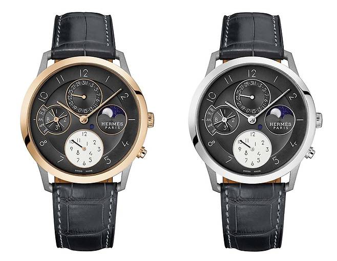 ‘슬림 데르메스 퍼페추얼 캘린더’ 워치는 티타늄, 로즈 골드 콤비 또는 티타늄 버전으로 선보인다. 사진 에르메스