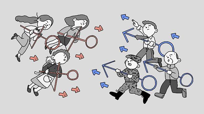 일명 이대남과 이대녀로 표현되는 MZ세대 남녀. 저성장과 불평등, 취업난과 부동산 값 폭등 등 악화하는 경제 상황 속에서 사회에 진입하려는 젊은 남녀끼리 갈등하고 혐오하는 뉴노멀이 계속되고 있다. /조선디자인랩 이연주