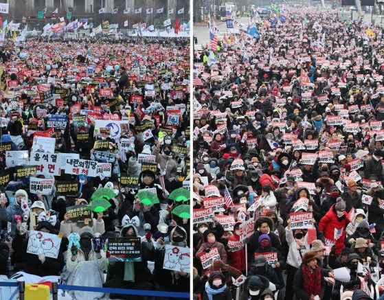 21일 서울 광화문 동십자각 앞에서 열린 '윤석열즉각퇴진·사회대개혁 비상행동' 주최 범시민 대행진(왼쪽). 오른쪽은 광화문 동화면세점 앞 대한민국바로세우기국민운동본부 주최 '대통령 탄핵 반대 자유민주주의 수호 광화문 국민혁명대회' 참가자들. 연합뉴스