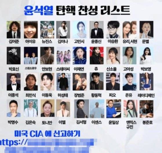 윤석열 대통령 탄핵에 찬성했다고 밝힌 연예인들의 명단이 온라인상에서 공유되고 있다. 사진 온라인 커뮤니티 캡처