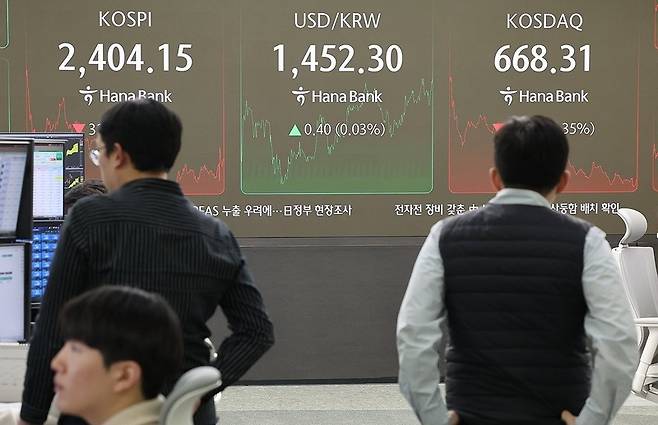코스피가 장중 2,400선이 붕괴된 20일 오후 서울 중구 하나은행 딜링룸 현황판에 코스피·코스닥 종가가 표시돼있다. / 사진=연합뉴스
