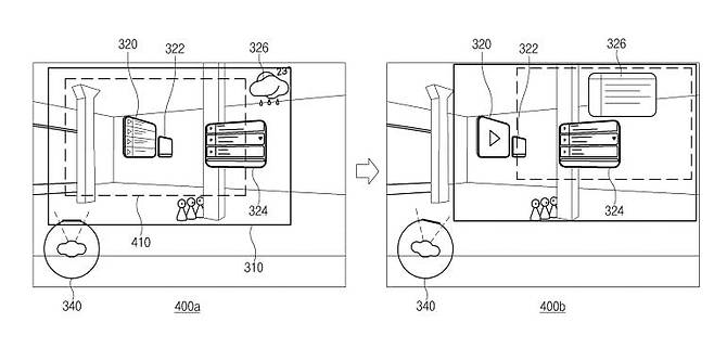 삼성전자가 올해 10월 공개한 AR 글래스 관련 특허. 이용자의 시선에 따라 앱의 위치가 바뀌는 모습이 담긴 도면./키프리스