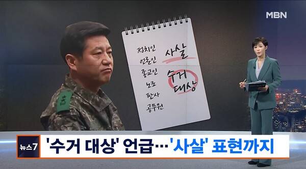 ▲김주하 MBN 앵커가 23일 뉴스7에서 노상원 전 사령관 수첩에 정치인 언론인 수거라는 표현이 나오자 무슨 재활용품도 아니고 어떤 의미냐고 반문하고 있다. 사진=MBN 뉴스7 영상 갈무리