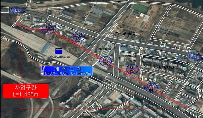 [울산=뉴시스] 울산 울주군은 지역 숙원사업으로 꼽히던 ‘범서 굴화 하나로마트 주변 도시계획도로’ 개설을 11년 만에 추진한다고 24일 밝혔다. 사진은 위치도. (사진= 울주군 제공) 2024.12.24.photo@newsis.com *재판매 및 DB 금지