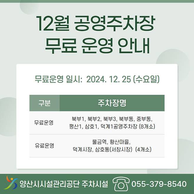 [양산=뉴시스] 공영노외주차장 무료 개방 안내문. (사진=양산시시설관리공단 제공) 2024.12.24. photo@newsis.com *재판매 및 DB 금지