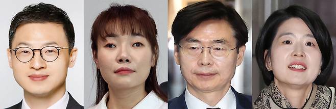 26일 서울 여의도 국회 본회의에서 열린 마은혁, 정계선, 조한창 헌법재판관 선출안 표결에 참여한 국민의힘 김상욱(왼쪽부터), 김예지, 조경태, 한지아 의원. 연합뉴스, 김봉규 선임기자 bong9@hani.co.kr