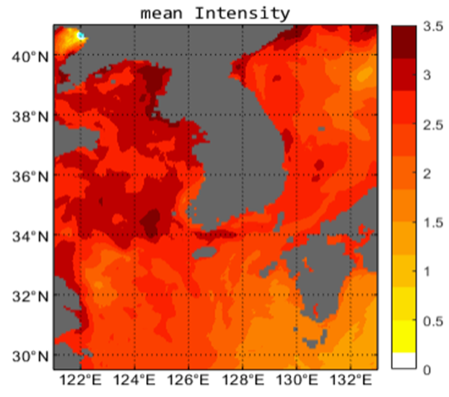 IPCC 6차 보고서에 따른 '고탄소 시나리오'를 가정할 경우, 최근 10년(2015~2024년) 대비 2091~2100년의 해양열파의 발생강도를 그래픽화한 것. 해양열파는 '바다의 폭염'이라고 불리는데, 수일에서 수개월 동안 해양 표면온도가 비정상적으로 상승하는 현상을 뜻한다. 붉은색이 진할수록 고수온 강도가 높다는 의미다. 기상청 제공