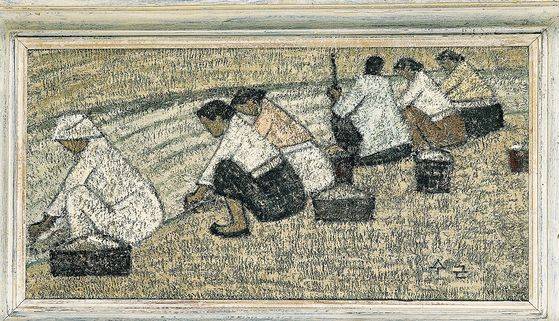 2007년 45억2000만원에 낙찰되며, 8년 동안 한국 미술품 경매가 1위를 지켰던 박수근의 1959년작 유화 ‘빨래터’ (50.5x111.5㎝). 중앙포토