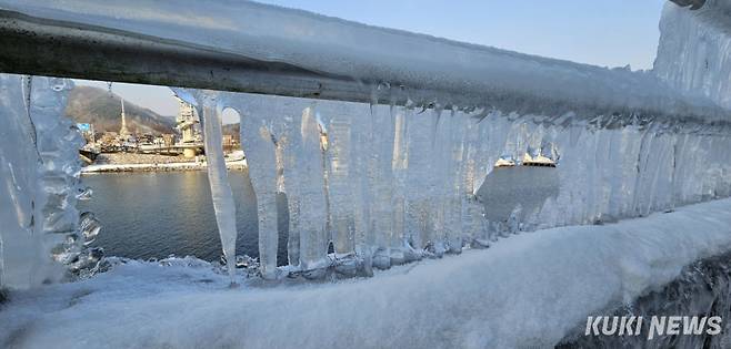 아침 기온이 영하권으로 뚝 떨어진 26일 오전 2025 화천산천어축제가 열리게 될 강원 화천군 화천천 인근에 고드름이 얼어있다.