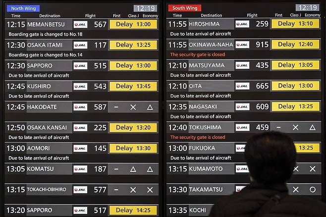 26일 일본 도쿄 하네다 공항에서 한 여행객이 항공편 운항 게시판을 바라보고 있다. 일본항공(JAL)은 이날 회사 내부와 외부를 연결하는 네트워크 기기에 대한 사이버 공격으로 인한 시스템 장애로 국내선과 국제선 일부 노선의 출발이 지연됐다. /AFPBBNews=뉴스1