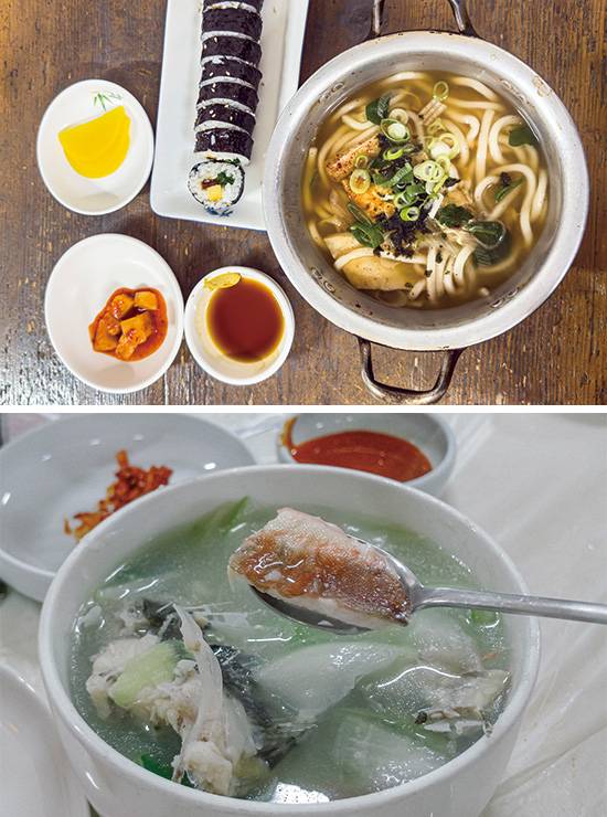 (위) 창동분식의 냄비우동과 김밥. 박고지(여물지 아니한 박의 속을 파내어 말린 반찬)를 넣어 만든 김밥을 이 집만의 비법으로 만든 겨자소스에 찍어 먹는다. (아래) 운지식당의 생선국