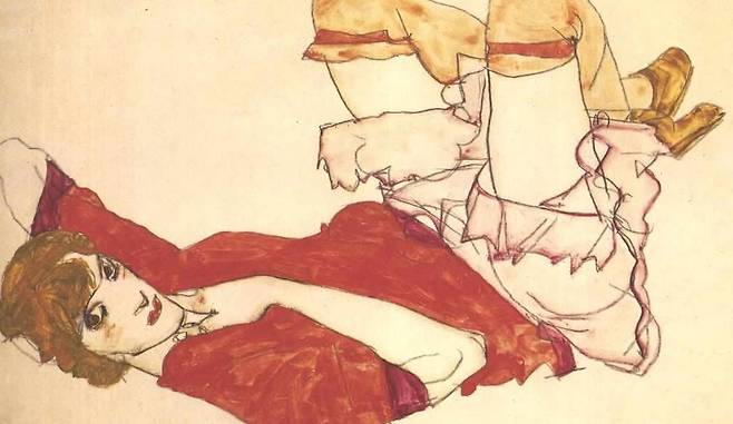 에곤 실레, 빨간 스커트를 입은 발리 노이질(일부 확대), 크기 불명, 종이에 연필과 수채 등, 개인소장