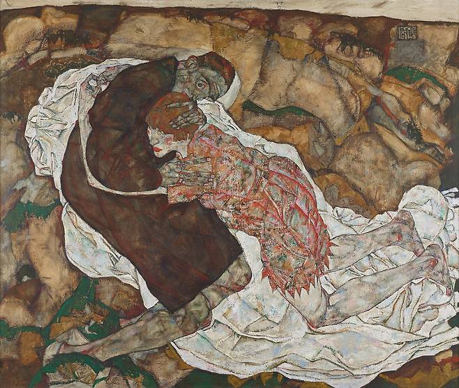 <에곤 실레, 죽음과 소녀, 1915, 캔버스에 유채, 150x180cm, 벨베데레> 실레가 발리에게 결별 통보를 한 무렵에 그린 그림. 생기 잃은 남성은 실레 본인일 것이다. 그런 이를 끌어안으며, 무릎을 꿇은 채 매달리는 여성은 발리일 것이다. 남자는 그런 여인이 안쓰러운 듯 머리를 쓰다듬는다. 어깨를 토닥여준다. 하지만, 그녀에게 줄 마음은 이제 없다. 남자는 몸은 이곳에 있지만, 마음은 이미 떠났다. 그것은 초점 없는 눈, 경직된 자세, 시신처럼 어두워진 피부에서 알 수 있다.