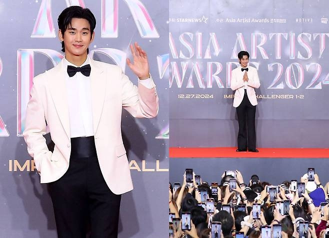 배우 김수현이 태국 방콕에서 열린 ‘Asia Artist Awards’에서 눈부신 화이트 턱시도 룩을 선보이며 글로벌 팬들의 시선을 사로잡았다.  사진=AAA조직위원화