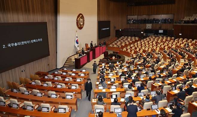 우원식 국회의장이 27일 오후 열린 국회 본회의에서 한덕수 대통령 권한대행 탄핵소추안 가결을 주장하고 있다. ⓒ뉴시스