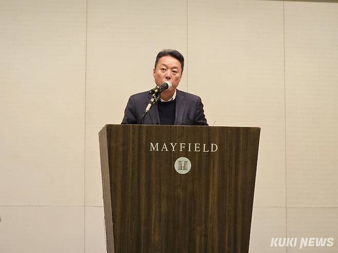 송경훈 제주항공 경영지원본부장이 30일 오전 서울 강서구 메이필드호텔에서 브리핑을 하고 있다. 사진=조은비 기자&nbsp;