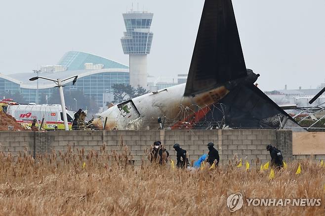 무안 제주항공 여객기 참사현장 수색 (무안=연합뉴스) 서대연 기자 = 30일 전남 무안군 무안국제공항에서 발생한 제주항공 여객기 충돌 폭발 사고 현장에서 관계자들이 수색작업을 펼치고 있다. 2024.12.30 dwise@yna.co.kr