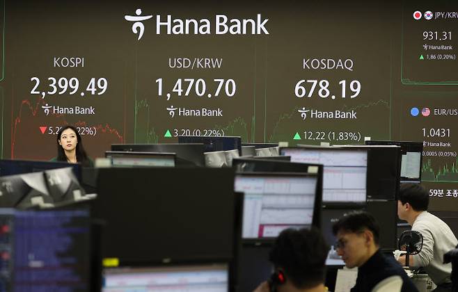 2024년 증시 폐장일인 30일 오후 서울 중구 하나은행 딜링룸 모니터에 코스피, 코스닥 종가가 표시되고 있다.(사진=연합뉴스)