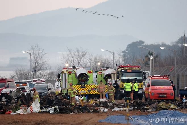 30일 전남 무안국제공항에서 소방대원들이 전날 발생한 제주항공 여객기 충돌 폭발 사고 잔해를 수색하고 있다. 하늘에선 새떼가 날아오르고 있다. /사진=뉴시스