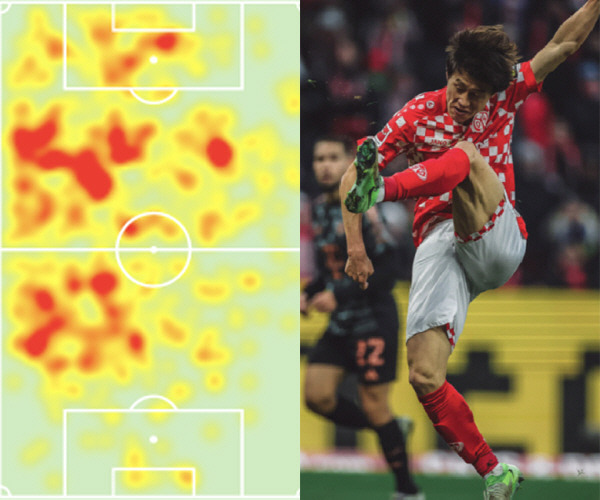 바이에른뮌헨전에서 공중볼을 처리하는 이재성(왼쪽)과 2024~2025시즌 전체 히트맵(오른쪽). 출처=마인츠SNS, 소파스코어