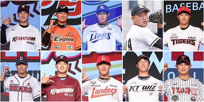 [서울=뉴시스] 김금보 기자 = 11일 오후 서울 송파구 롯데호텔월드에서 '2025 KBO 신인 드래프트'가 열렸다. 사진 윗줄 왼쪽부터 이날 1라운드 지명된 키움 정현우(덕수고), 한화 정우주(전주고), 삼성 배찬승(대구고), 롯데 김태현(광주제일고), KIA 김태형(덕수고), 아랫줄 왼쪽부터 두산 박준순(덕수고), 키움 김서준(충훈고), SSG 이율예(강릉고), kt 김동현(서울고), LG 김영우(서울고). 2024.09.11. kgb@newsis.com