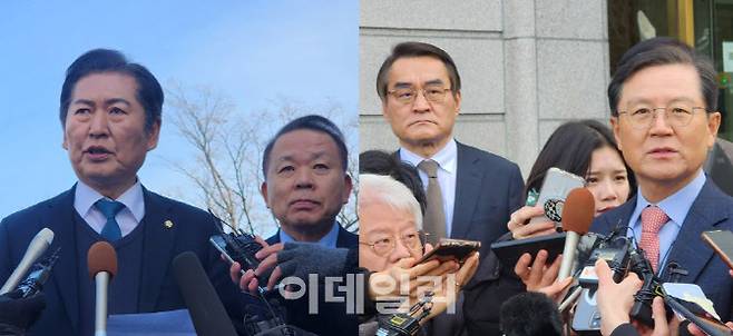 왼쪽부터 윤석열 대통령 탄핵소추단장 정청래 국회 법사위원장과 김이수 전 헌법재판소장 권한대행, 윤 대통령 측 배보윤 변호사, 윤갑근 변호사가 지난달 27일 헌법재판소 변론준비기일 전후로 입장을 밝히고 있다. (사진=백주아 기자)