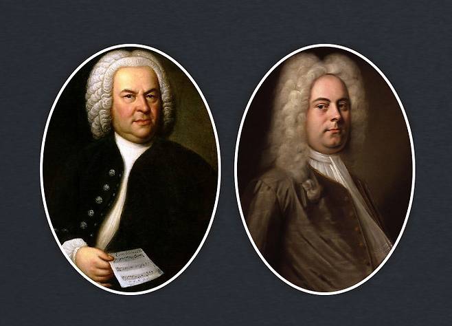 바로크음악의 정수를 보여준 독일의 위대한 작곡가 바흐(왼쪽)와 독일에서 태어나 영국에서 활동하며 당대 최고 작곡가로 이름을 떨친 헨델의 초상. [위키피디아]