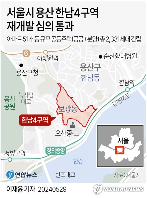 [그래픽] 서울시 용산 한남4구역 재개발 심의 통과 (서울=연합뉴스) 이재윤 기자 = 서울시는 28일 열린 제11차 건축위원회에서 '한남4 재정비촉진구역 주택정비형 재개발사업' 심의를 통과시켰다고 29일 밝혔다.
    경의중앙선 서빙고역과 한남역 사이에 위치한 한남4구역(용산구 보광동)에 아파트 51개 동(지하 7층·지상 22층) 규모의 공동주택 총 2천331세대(공공 350세대, 분양 1천981세대)가 건립된다. 
    yoon2@yna.co.kr
    X(트위터) @yonhap_graphics  페이스북 tuney.kr/LeYN1