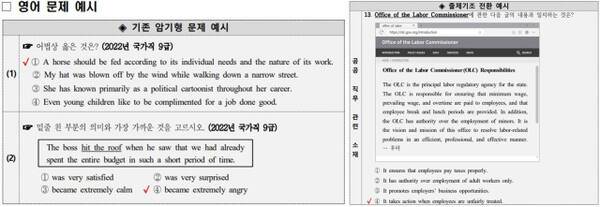 기존의 9급 공무원 시험 영어 문제 예시와 올해부터 달라지는 출제기조 전환 예시 비교. 인사혁신처 제공