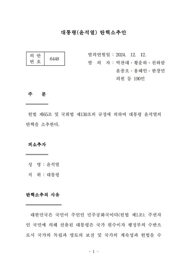 12월12일 국회 발의된 윤석열 대통령 탄핵소추안 ⓒ 의안정보시스템 캡처