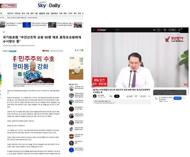 (좌)<스카이데일리> 2025년 1월 2일자 보도, (우)유튜브 '강신업TV' 2025년 1월 3일 게재 영상 캡처 이미지