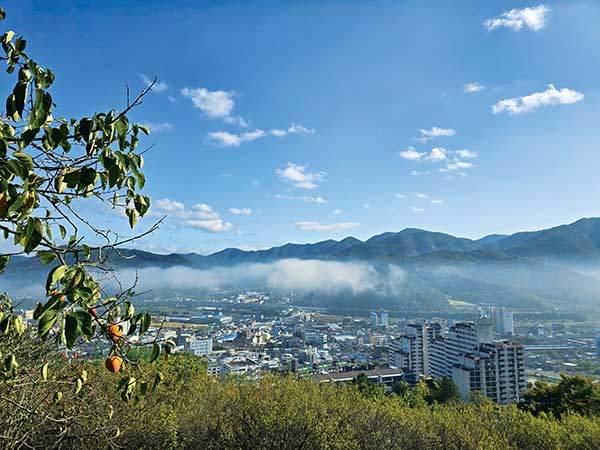 용화사로 가는 길에서 본 청도읍내 모습.&nbsp;해가 뜨면서 안개가 걷히고 있다.