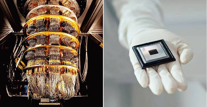 구글의 양자컴퓨터 시스템 냉각 장치(왼쪽)와 구글이 개발한 양자컴퓨터 칩 ‘윌로’. [구글 제공]