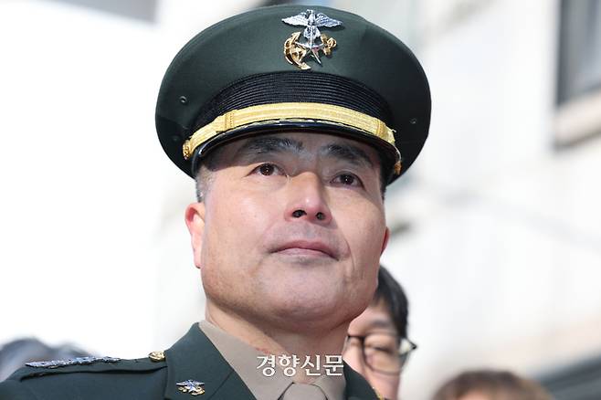 해병대 채 상병 순직사건 수사 관련 항명 및 상관명예훼손 혐의로 기소돼 1심에서 무죄를 선고 받은 박정훈 전 해병대 수사단장이 9일 서울 용산구 중앙지역군사법원 앞에서 무죄 판결 소감 기자회견을 하고 있다. 한수빈 기자