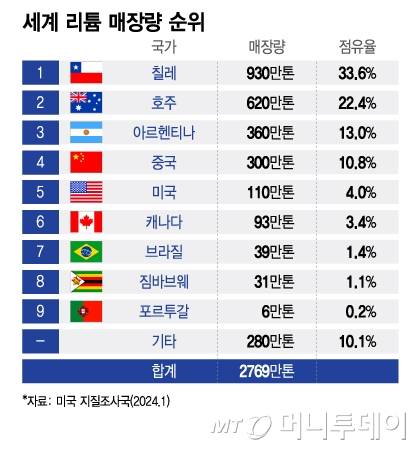 세계 리튬 매장량 순위/그래픽=이지혜