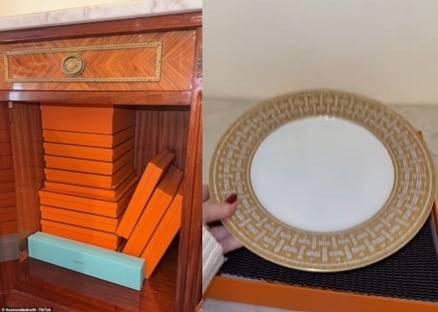 중고로 구매한 서랍장 안에 에르메스의 주황색 상자와 티파니앤코의 민트색 상자가 들어 있는 모습(왼쪽),과 서랍장 안에서 나온 에르메스 식사용 접시. [틱톡]