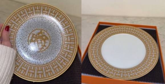 미국 텍사스 댈러스에 사는 한 여성이 온라인을 통해 중고 가구를 샀다가 가구 내에서 에르메스·티파니 상자를 발견했다. 사진은 에르메스 접시. 어맨다 드윗 틱톡 캡처
